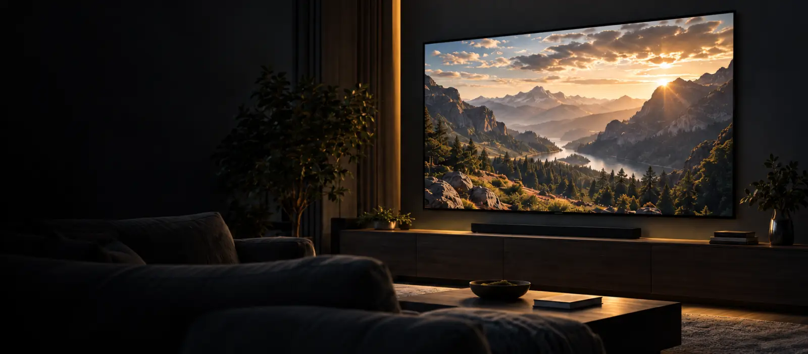 Un salon home cinéma avec un grand écran au coucher du soleil